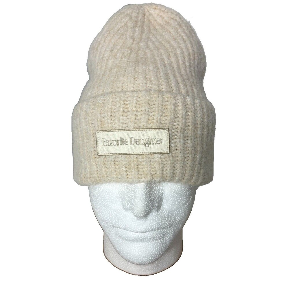 Favorite Daughter Beanie Hat Ribbed Logo Patch Ivory One Size Ladies NWT